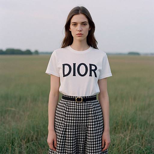 Photograph of a young woman with long brown hair, wearing a white Dior t-shirt and black-and-white houndstooth skirt, standing in