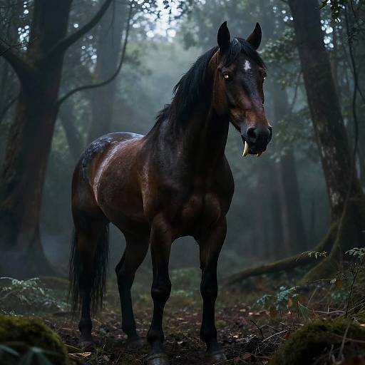 Fanged Horse in Eerie Dark Forest