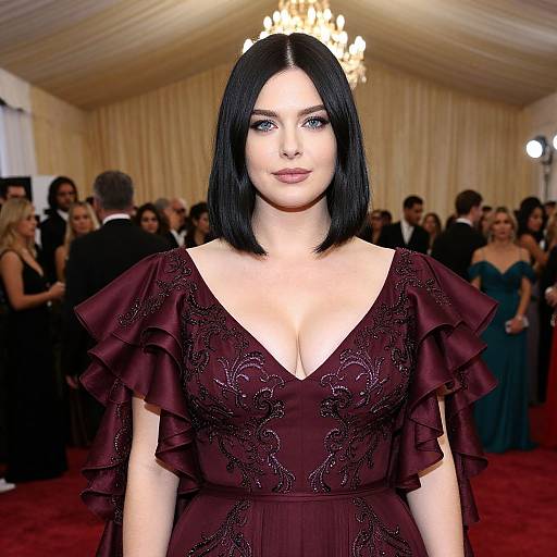 Elegant Woman in Burgundy Ruffle Dress