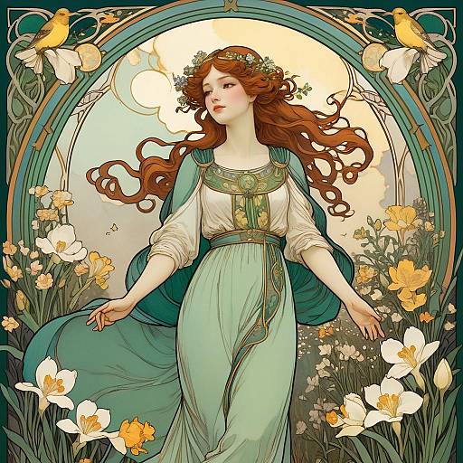 Art Nouveau Woman in Freesia Garden