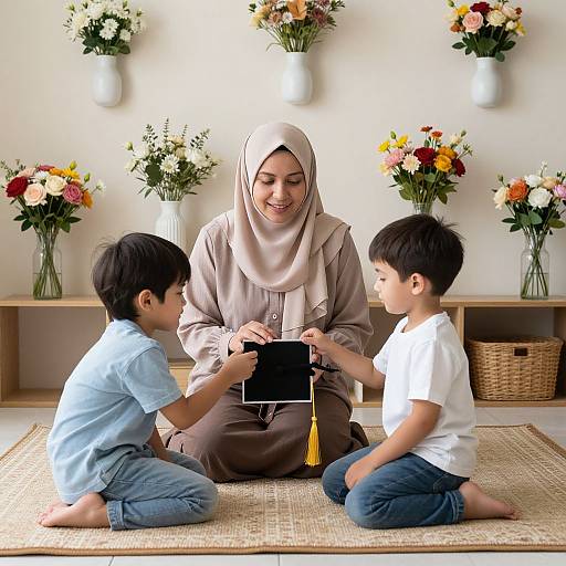 Photograph of a smiling Muslim woman in a beige hijab, sitting on a woven mat, teaching two boys to use a tablet amidst flower arrangements on