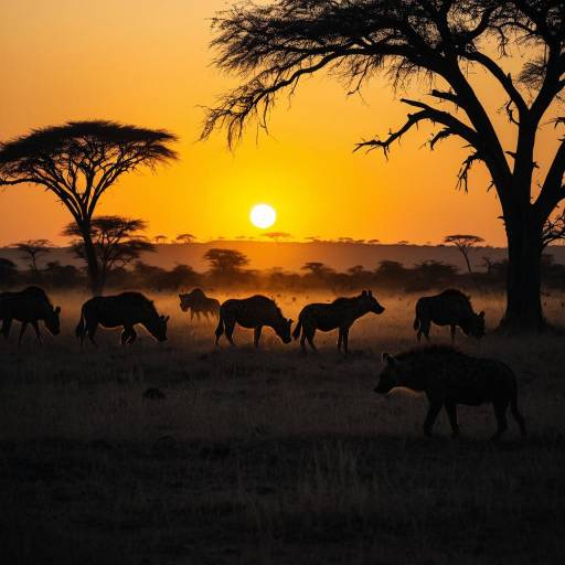 Hyenas and Wildebeests Silhouetted at African Sunrise
