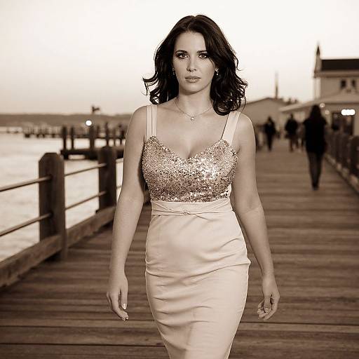Photograph of a confident woman with dark wavy hair, wearing a sparkling gold sequin top and pale pink satin skirt, walking on a wooden pier