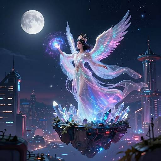 Digital fantasy artwork: Angelic woman with glowing wings and crown, floating on crystal-encrusted platform under full moon, futuristic cityscape background.