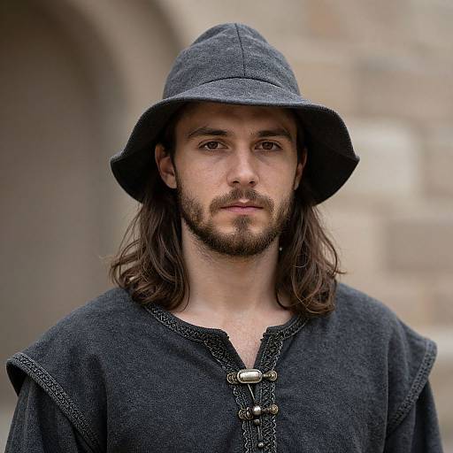 Photograph of a pale-skinned, bearded man with long brown hair wearing a dark blue medieval-style hat and black tunic, with a blurred