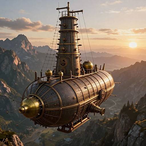 Steampunk airship with golden accents soaring over a mountainous landscape at sunset, featuring intricate metalwork and multiple spherical devices. Photorealistic digital