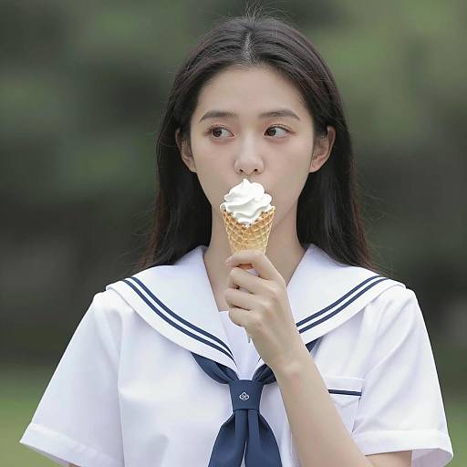 Asian Woman Enjoying Ice Cream Outdoors