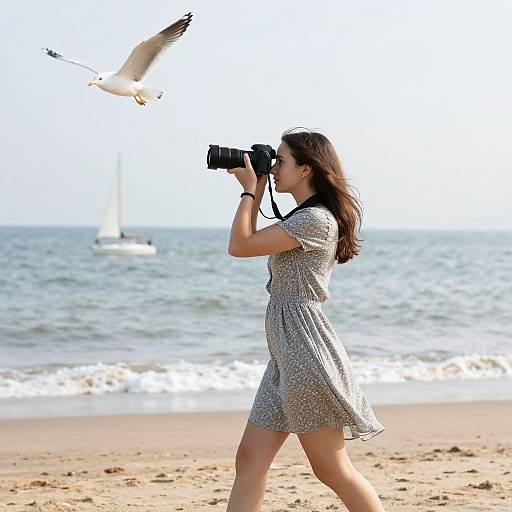 Photograph of a young woman with long brown hair in a patterned dress, using binoculars on a sandy beach with a seagull flying