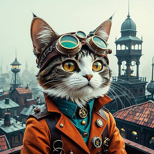 Steampunk Aviator Cat on Rooftop