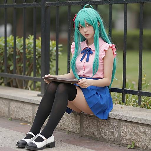 Teal-Haired Woman in Outdoor Setting