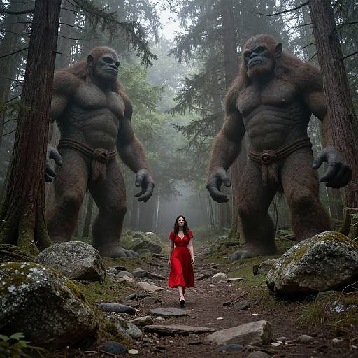 Photograph of a forest with two towering, muscular, anthropomorphic gorillas flanking a path. A woman in a red dress walks confidently between them