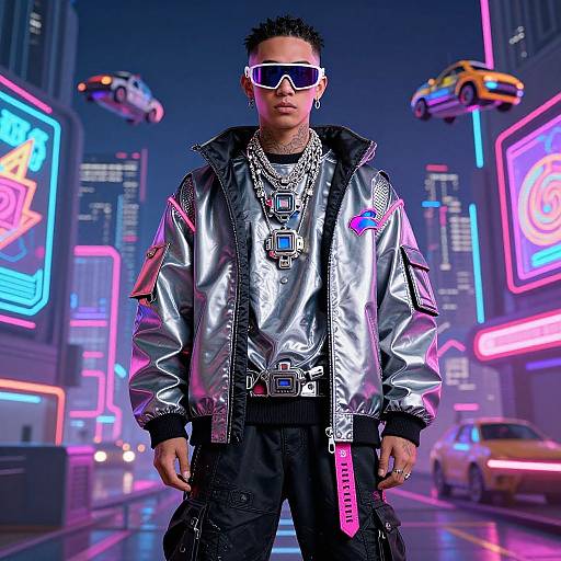 CGI image of a black man with short, spiked hair, wearing a shiny silver jacket, neon sunglasses, multiple necklaces, and black pants,