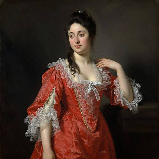 Baroque-style painting of a fair-skinned woman with dark hair, wearing a red dress with white lace trim, against a dark background.