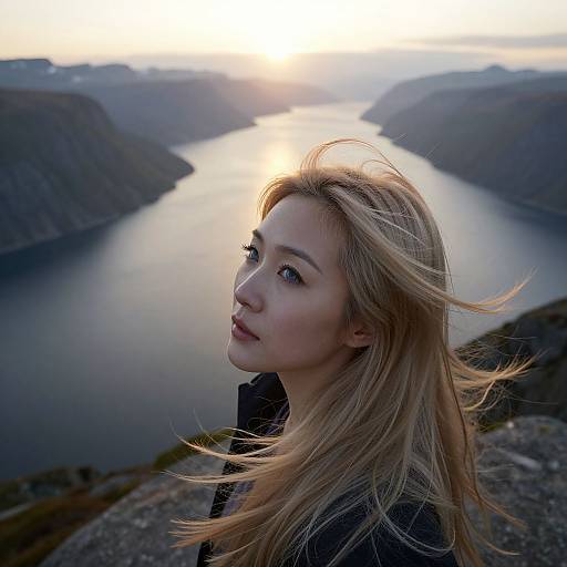 Photograph of a blonde woman with fair skin and blue eyes, standing on a rocky cliff overlooking a serene, sunlit fjord at sunset.