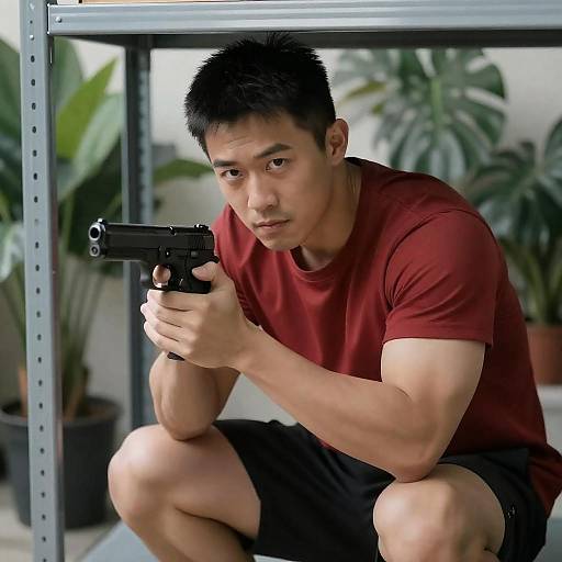 Intense Asian Man in Indoor Jungle