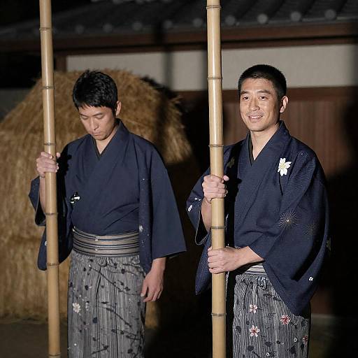 Two Japanese Men in Traditional Kimono Holding Bamboo Poles at Night