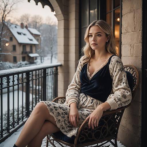 Blonde Woman Sitting on Balcony in Winter