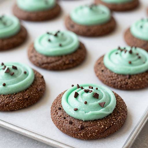 Photograph of mint green frosted chocolate cookies with dark chocolate chips on a white baking tray, arranged in a grid.
