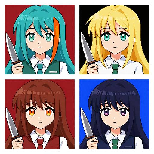 Pixel art of four anime girls with long hair, each holding a knife, against red, black, brown, and blue backgrounds.