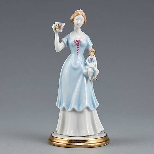 Photograph of a porcelain Victorian-style doll with white dress, pink bow, and floral teacup, holding smaller doll, on gold base.