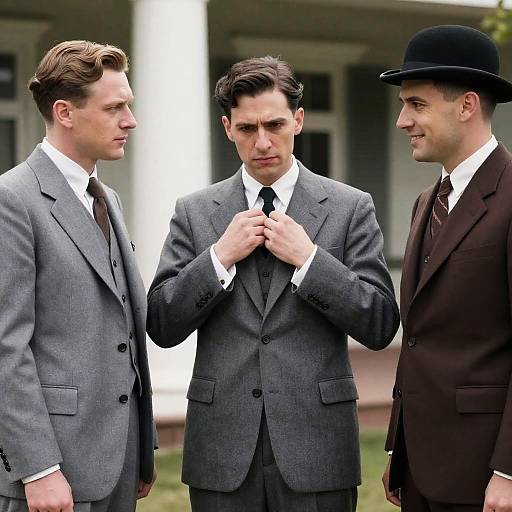 Three Men in 1930s-Style Suits Outside Building