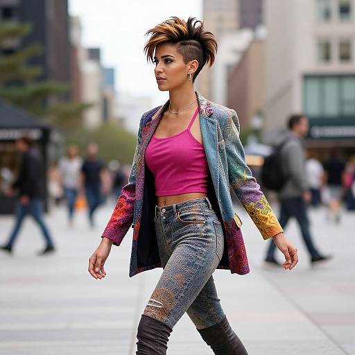 Photograph of a confident, stylish woman with a mohawk, colorful jacket, pink tank top, and distressed jeans, walking in a city street.