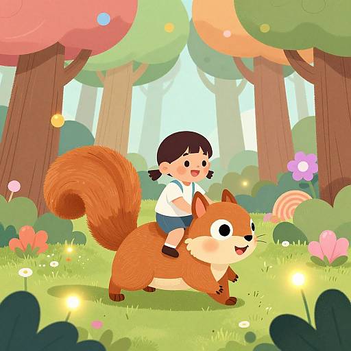 Cartoon-style drawing of a smiling black-haired child riding a cheerful orange squirrel in a bright, colorful forest with glowing flowers and tall trees.
