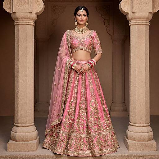 Photograph of an Indian woman in traditional pink and gold embroidered lehenga with a matching dupatta, standing between stone pillars, adorned with jewelry and a