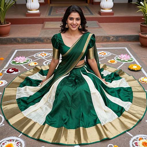 Photograph of a smiling South Asian woman in a green and gold traditional saree, seated on a decorated floor with floral patterns.