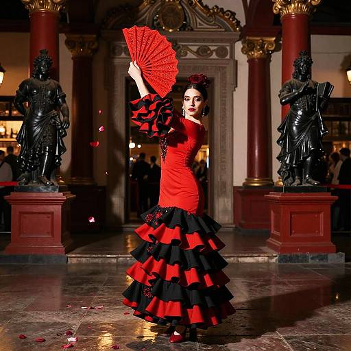 Photograph of a flamenco dancer in a red and black ruffled dress, holding a red fan, standing between two black statues in an ornate