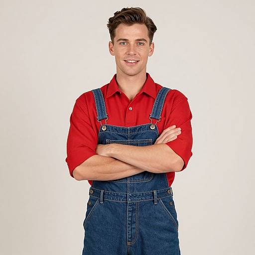 Photograph of a handsome young man with short brown hair, wearing red shirt and blue denim overalls, standing with arms crossed, white background.