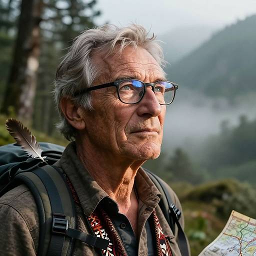Photograph of an elderly man with gray hair, glasses, and a backpack, standing in a misty forest, looking thoughtfully at a map.