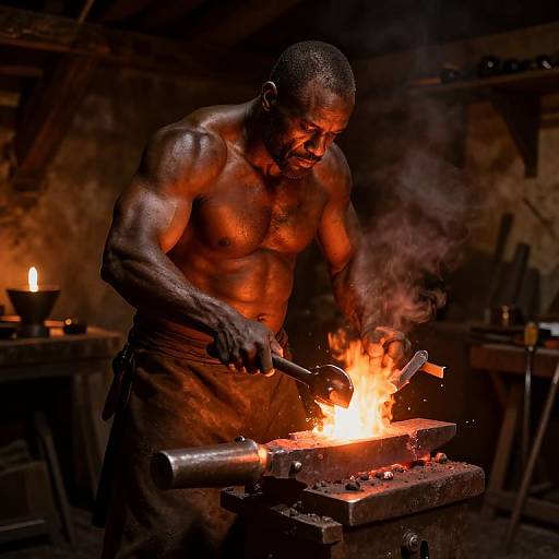 Photograph of a muscular, shirtless Black blacksmith with a bald head, sweating, hammering glowing metal on an anvil with a fiery forge