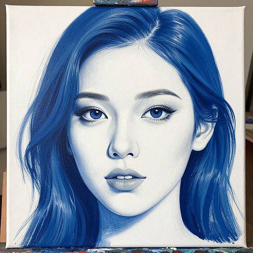 Blue monochrome digital portrait of a young Asian woman with long, flowing hair, large eyes, and subtle lips, rendered with fine lines and shading.