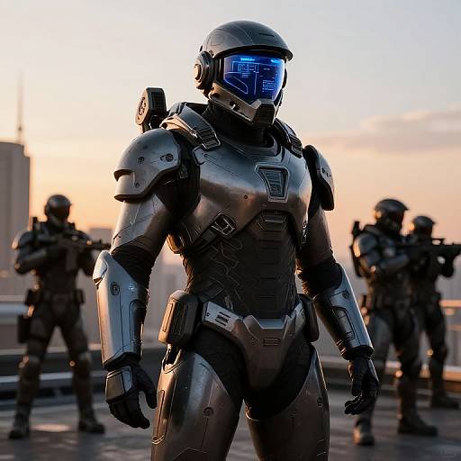 Photograph of a futuristic soldier in metallic armor with a blue visor, standing on a rooftop at sunset, surrounded by silhouetted teammates holding