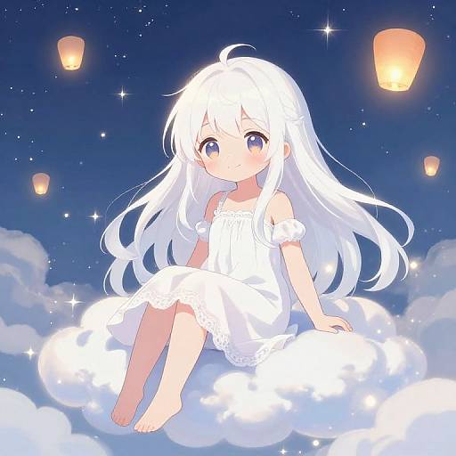 Anime-style digital illustration of a cute, white-haired girl in a white dress, sitting on a cloud, surrounded by floating lanterns in a starry