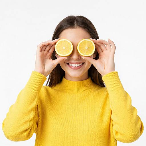 Photograph of a smiling Asian girl with long black hair, wearing a bright yellow sweater, holding two halved oranges in front of her eyes against a