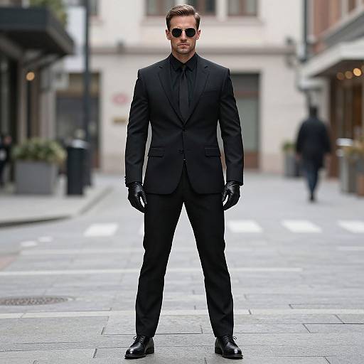 Photograph of a stylish man in a black suit, black tie, black gloves, and sunglasses standing confidently on a city street. Blurred background,