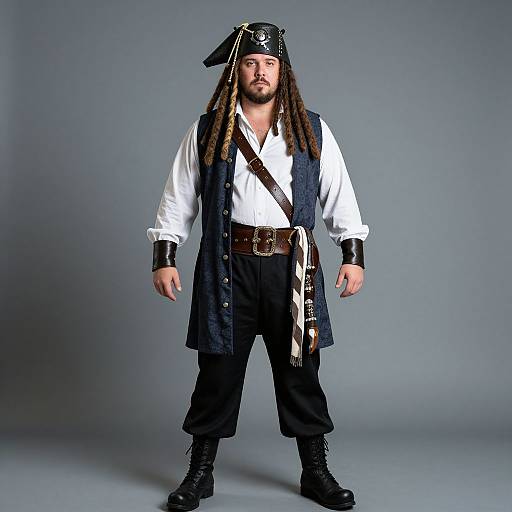 Photograph of a bearded man in a pirate costume: black tricorn hat, white shirt, navy vest, black pants, brown belt, black