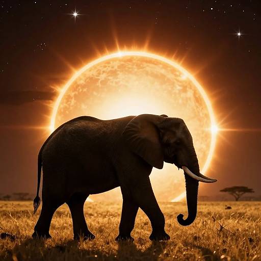 Photograph of a silhouetted African elephant walking on golden grass under a glowing, large orange sun in a starry night sky.