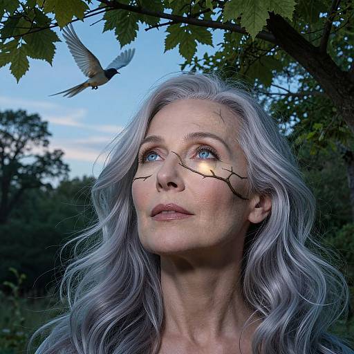 Photograph of a silver-haired woman with cracked, glowing skin, gazing upward at a flying bird, surrounded by green leaves.