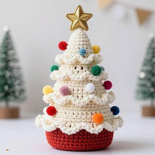 Hand-crocheted Christmas tree with gold star, colorful pom-poms, white and red base, set against blurred miniature pine trees.