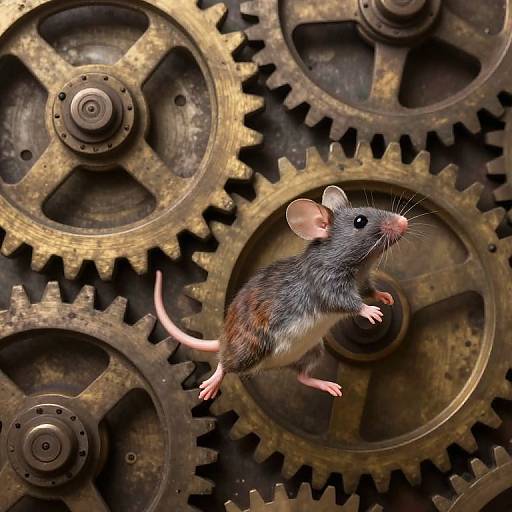 Photograph of a small brown mouse with pink ears and tail, mid-jump, between large, rusty, interlocking gears, creating a steamp