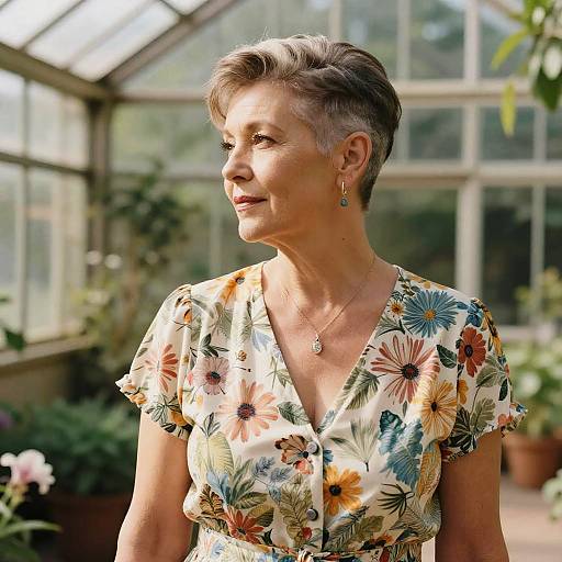 Photograph of an elderly woman with short gray hair, wearing a colorful floral dress, standing in a sunlit greenhouse.