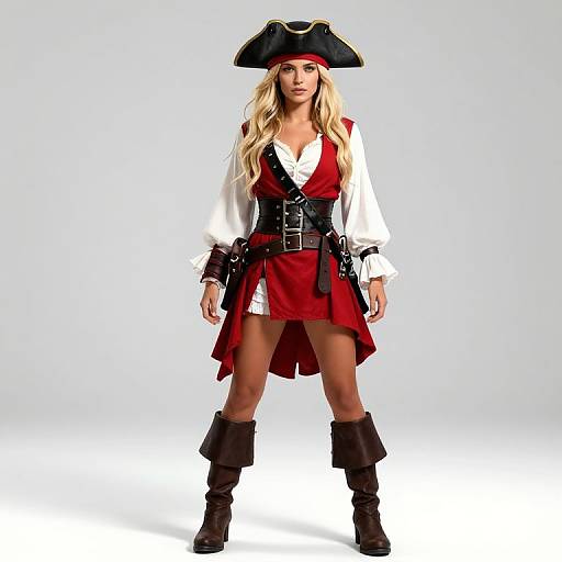 Photograph of a blonde woman in a pirate costume with a black tricorn hat, white shirt, red vest, black corset, and brown boots