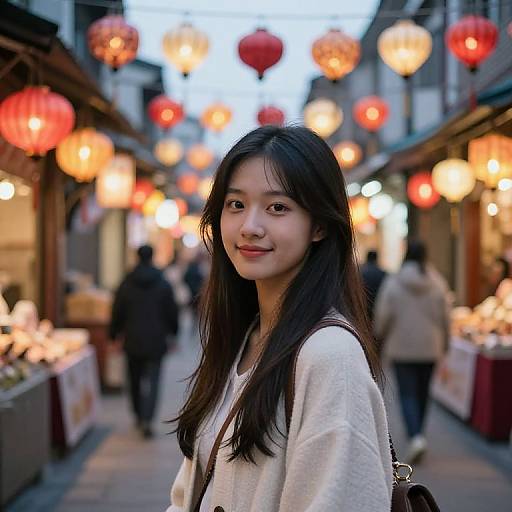 Photograph of an Asian woman with long black hair, smiling, wearing a white sweater, in a bustling evening market with glowing red lanterns and blurred