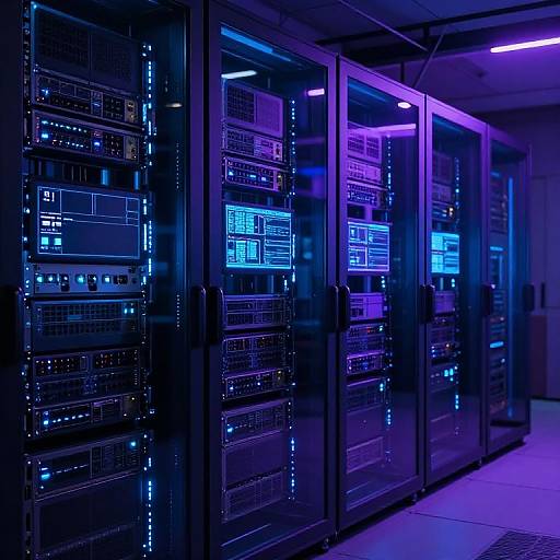 Photograph of a dark, modern server room with glowing blue and purple illuminated server racks lined up in rows.