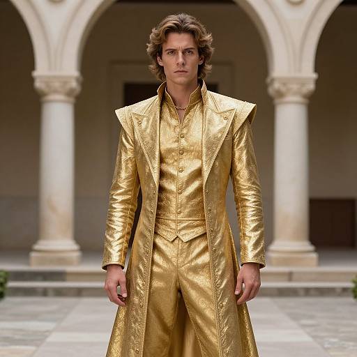 Photograph of a handsome man with wavy brown hair, wearing a shimmering gold suit and long coat, walking on a stone courtyard with arched