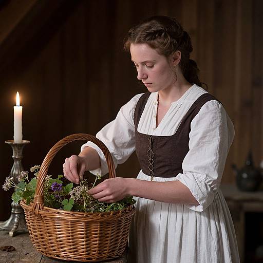 Photograph of a young woman with fair skin and brown hair in a white blouse and brown bodice, weaving flowers in a wicker basket, illuminated