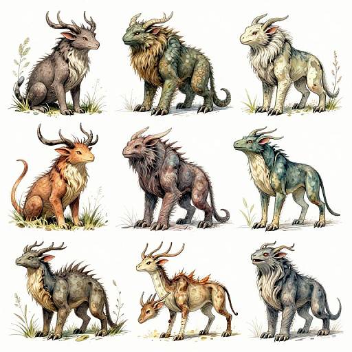 Colorful digital illustration of nine fantasy creatures with varying fur colors, horns, and textures, standing on grass, each uniquely styled.